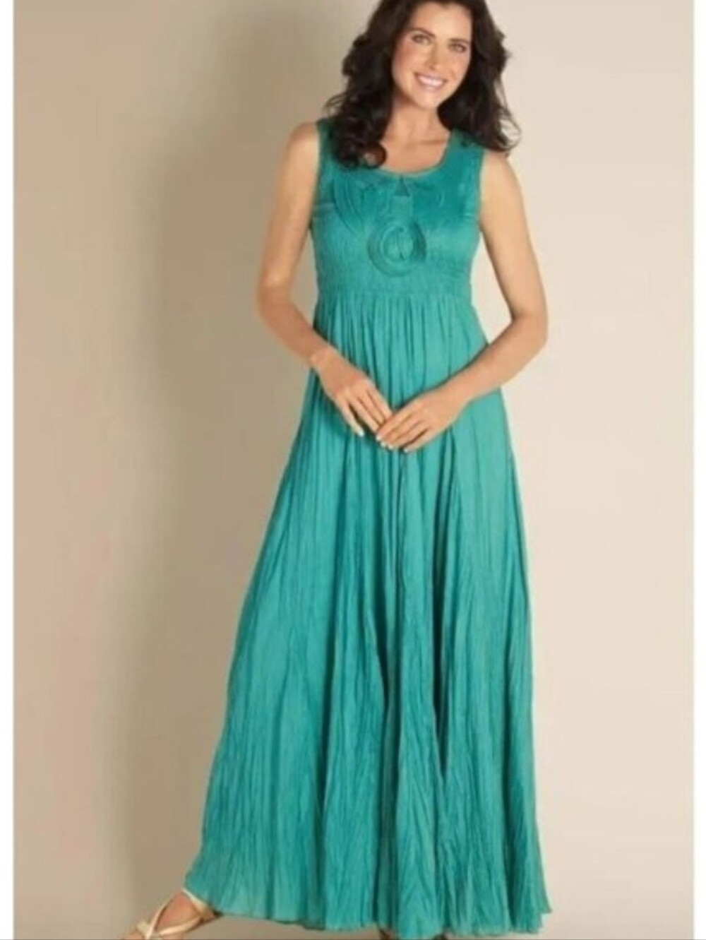 Soft Surroundings Delphine Crinkled Smock Teal Sleeveless Maxi Dress - Picture 9 of 9